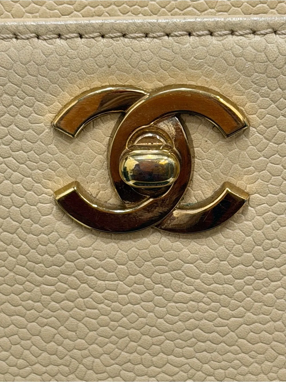 Authentic CHANEL Vintage Beige Caviar Turn-Lock Tote Beige Caviar Leather